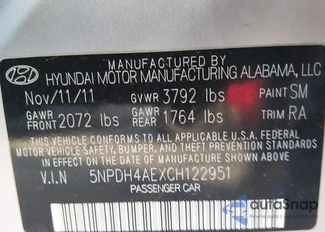 2012 Hyundai Elantra Gls z USA, uszkodzony, nr VIN 5NPDH4AEXCH122951
